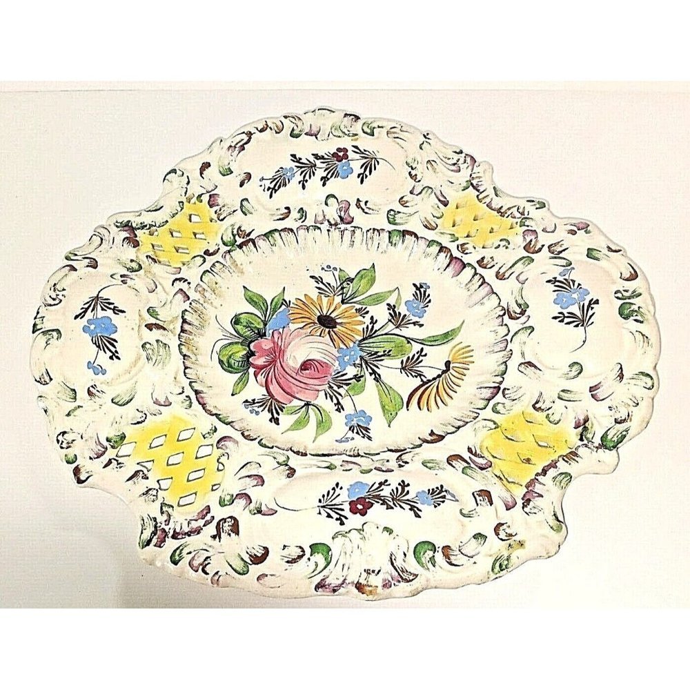 Vintage Italian Art Pottery A. Borsato Pink Roses Blue Flowers 7" Tray Plate